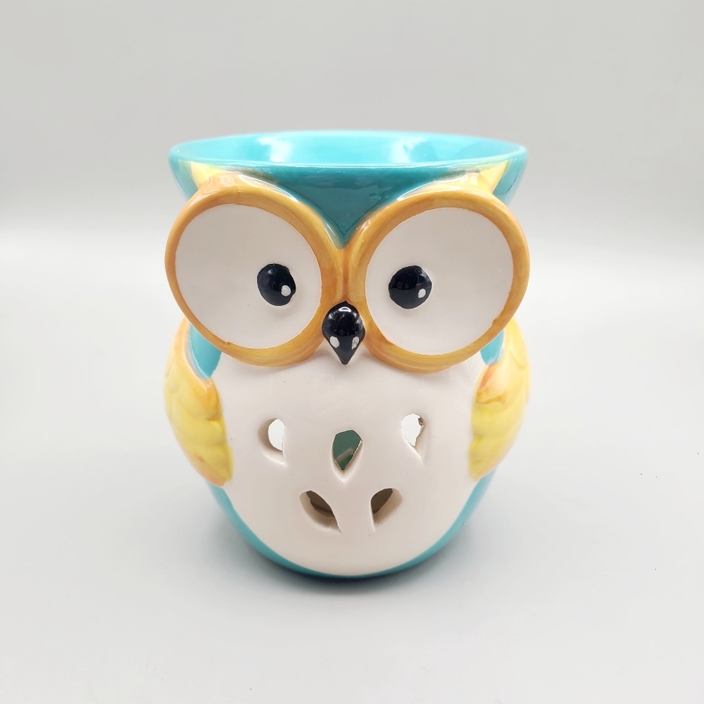 Teal & Yellow Whimsical Ceramic Owl Tealight Candle Wax Warmer